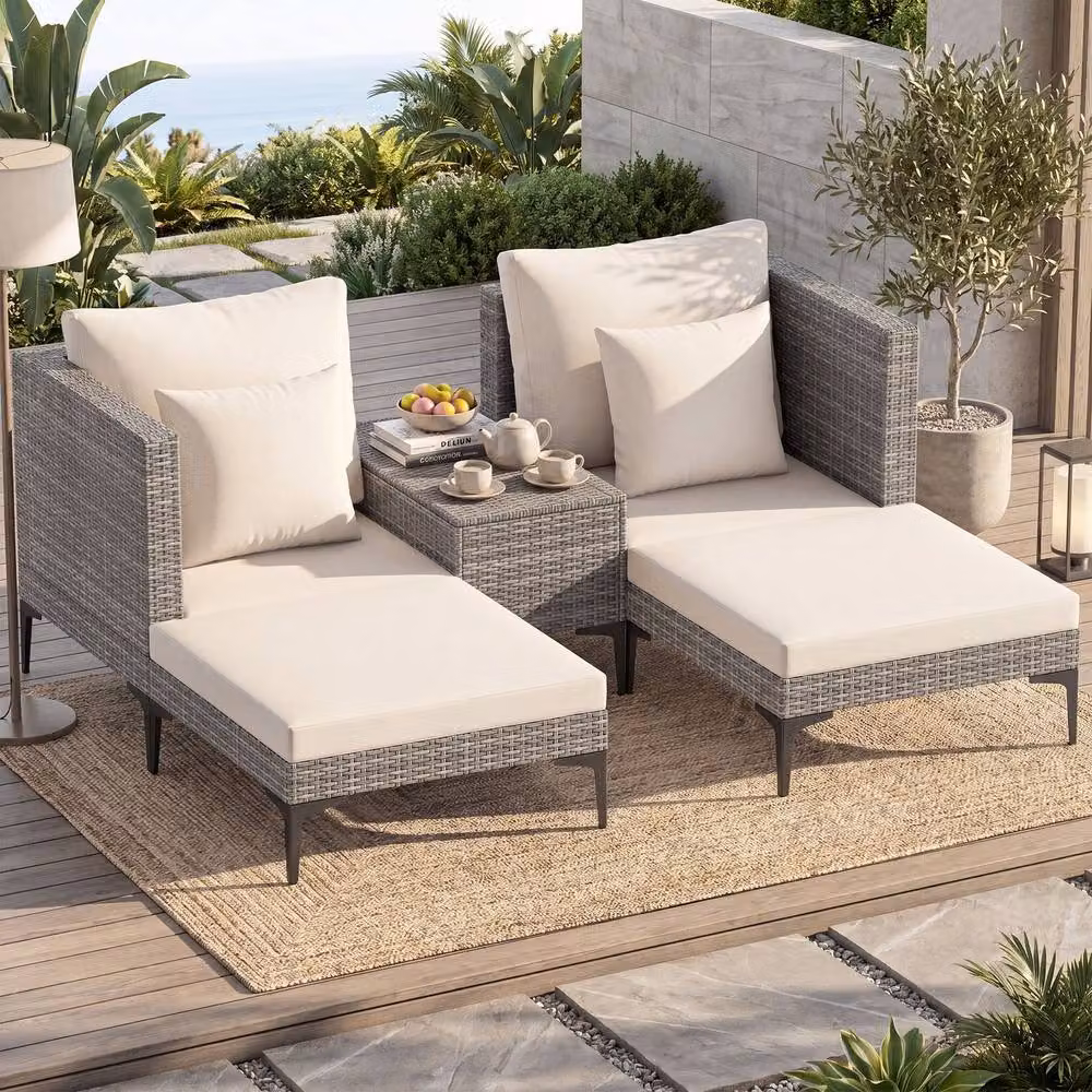 Costway 5-Piece Grey Polyrattan Patio Conversation Set with Upholstered Cushions and Side Table – 5
