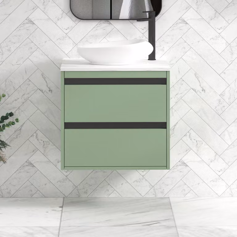 Royal Bathrooms Orion 600mm Mint Sage Wall Hung Countertop Vanity Unit with Nova Basin and Black Accent Trim