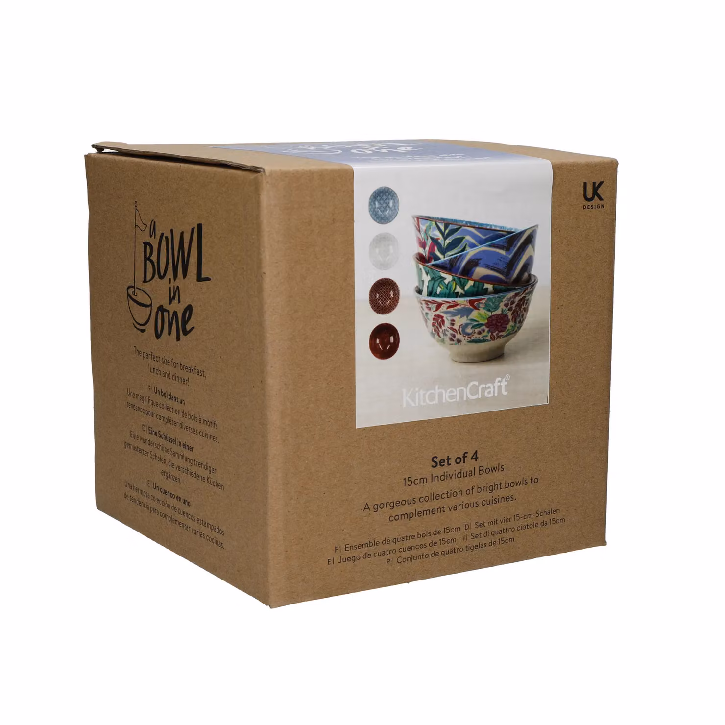 KitchenCraft 4-Piece Floral Ceramic Cereal and Dessert Bowl Set in Blue, Brown and Multicolour – 4