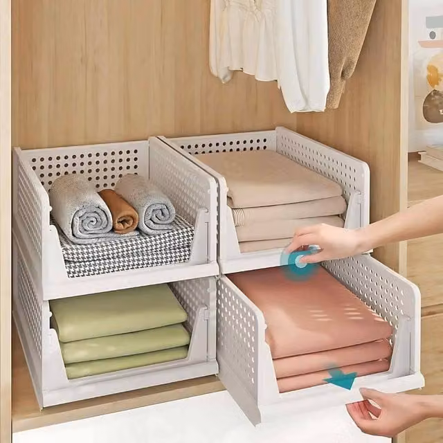 The Bazaarist Set of 4 Stackable and Foldable Plastic Wardrobe Storage Baskets, White