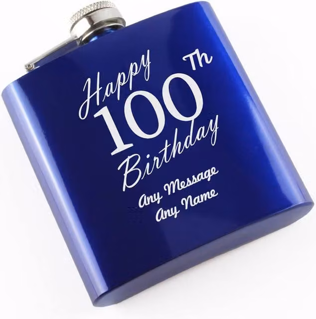Uniqueful Personalised Happy 100th Birthday Engraved Blue Stainless Steel Hip Flask, 6oz