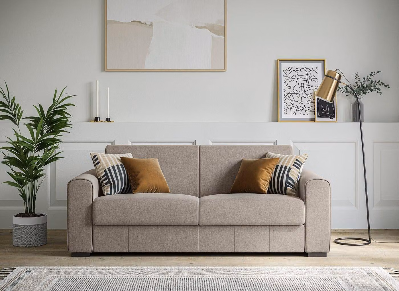 Dreams Verona 3-Seater Pull-Out Sofa Bed in Beige Fabric with Scatter Cushions