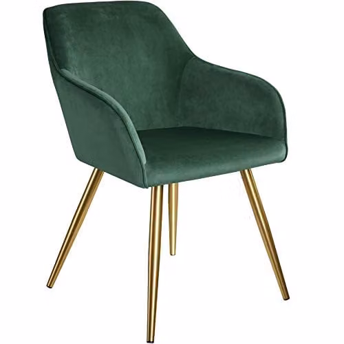 tectake Set of 4 Velvet Look Dining Armchairs with Gold Steel Legs in Dark Green and Gold – 5