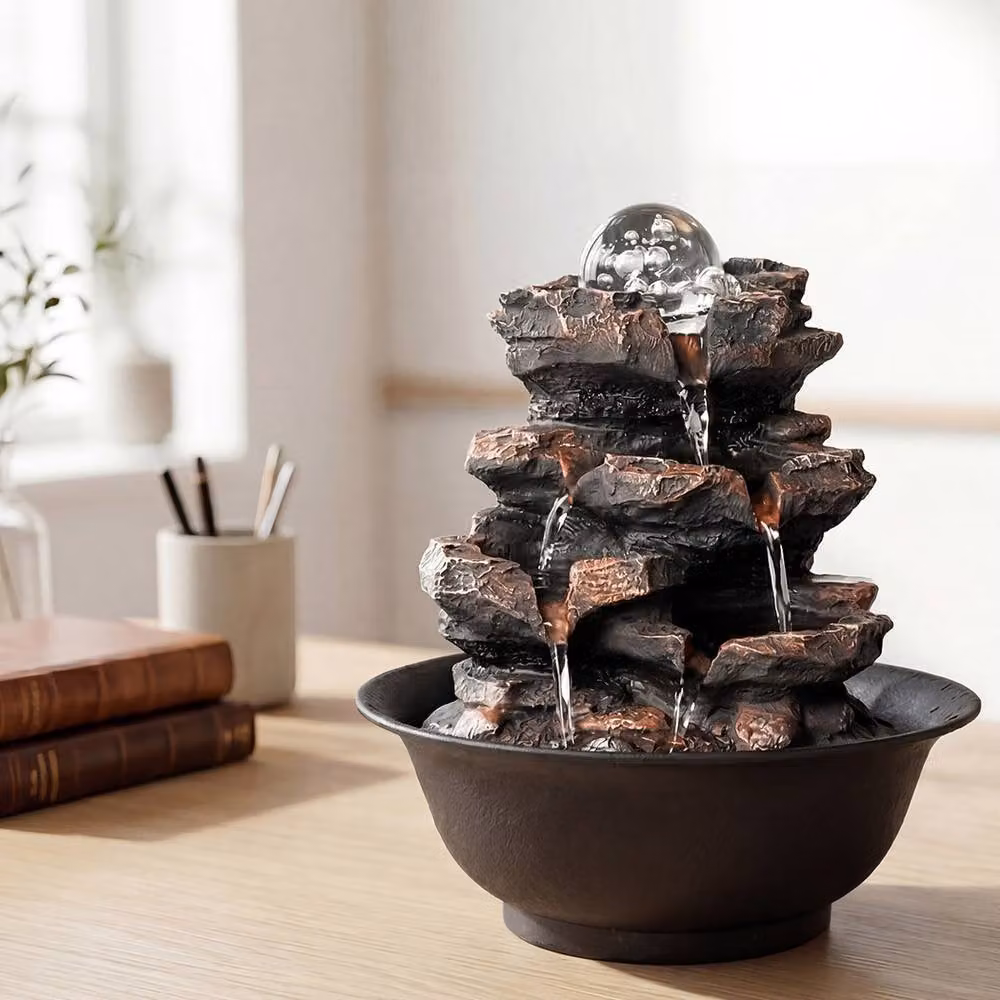Spector Brown Tabletop Indoor Water Fountain with 3-Speed Flow and Rustic Resin Rock Design – 3