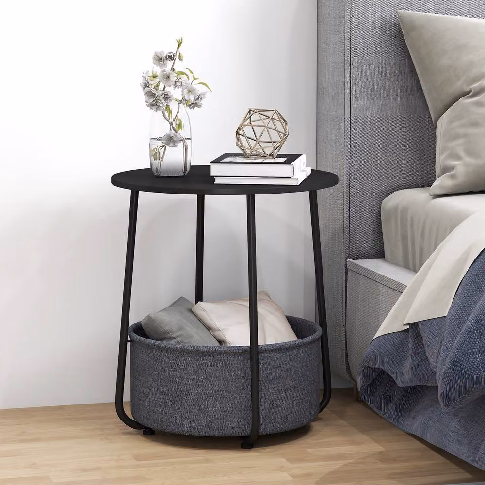 Gymax Modern 2-Tier Round End Table with Fabric Basket in Black – 5