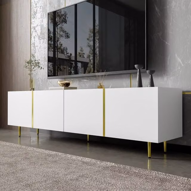 BTM High-gloss modern TV cabinet with four doors in White and Gold, W/D/H: 160 x 46 x 35 cm