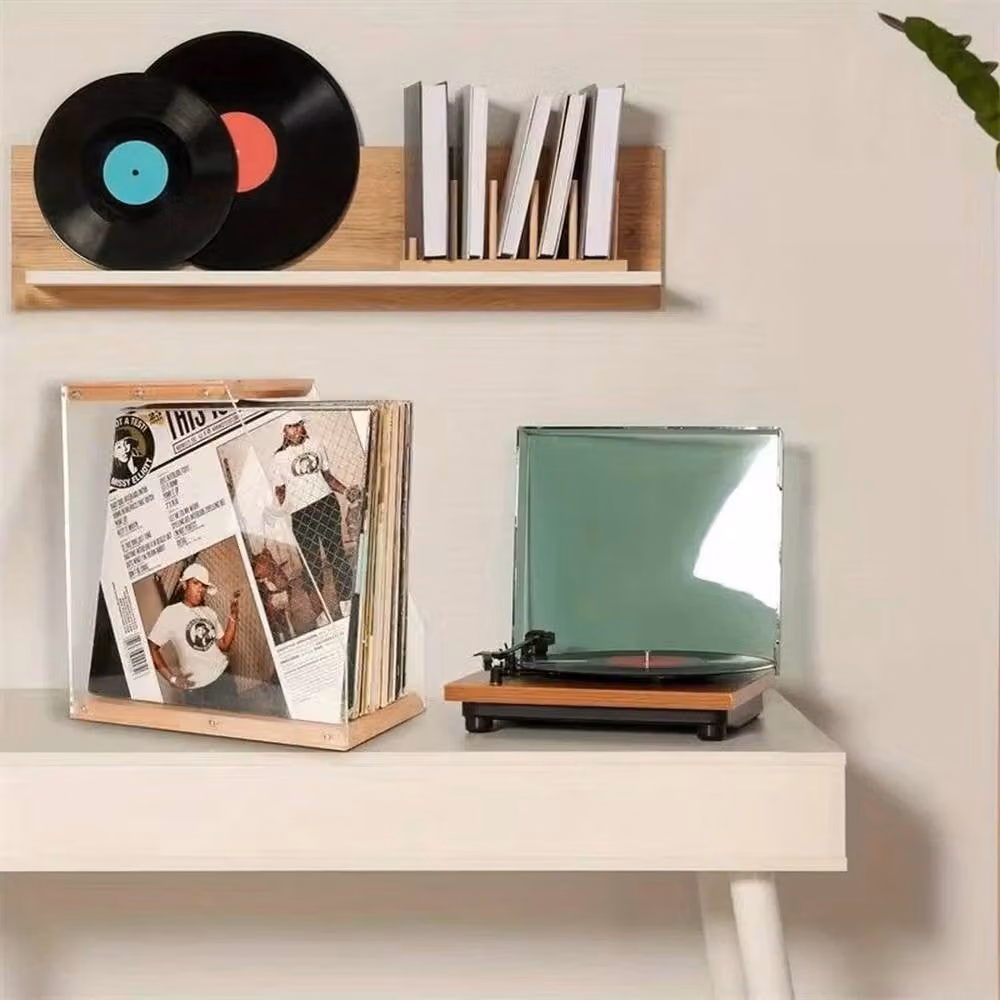 FLAVORA Premium Vinyl Record Storage with Transparent Acrylic Holder in Beige Wood, W/D/H: 36.0 x 20.0 x 20.0 cm – 4