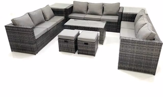 Fimous 11 Seater Rattan Garden Furniture Set in Dark Grey with Coffee Table, 2 Footstools and 2 Side Tables – 1