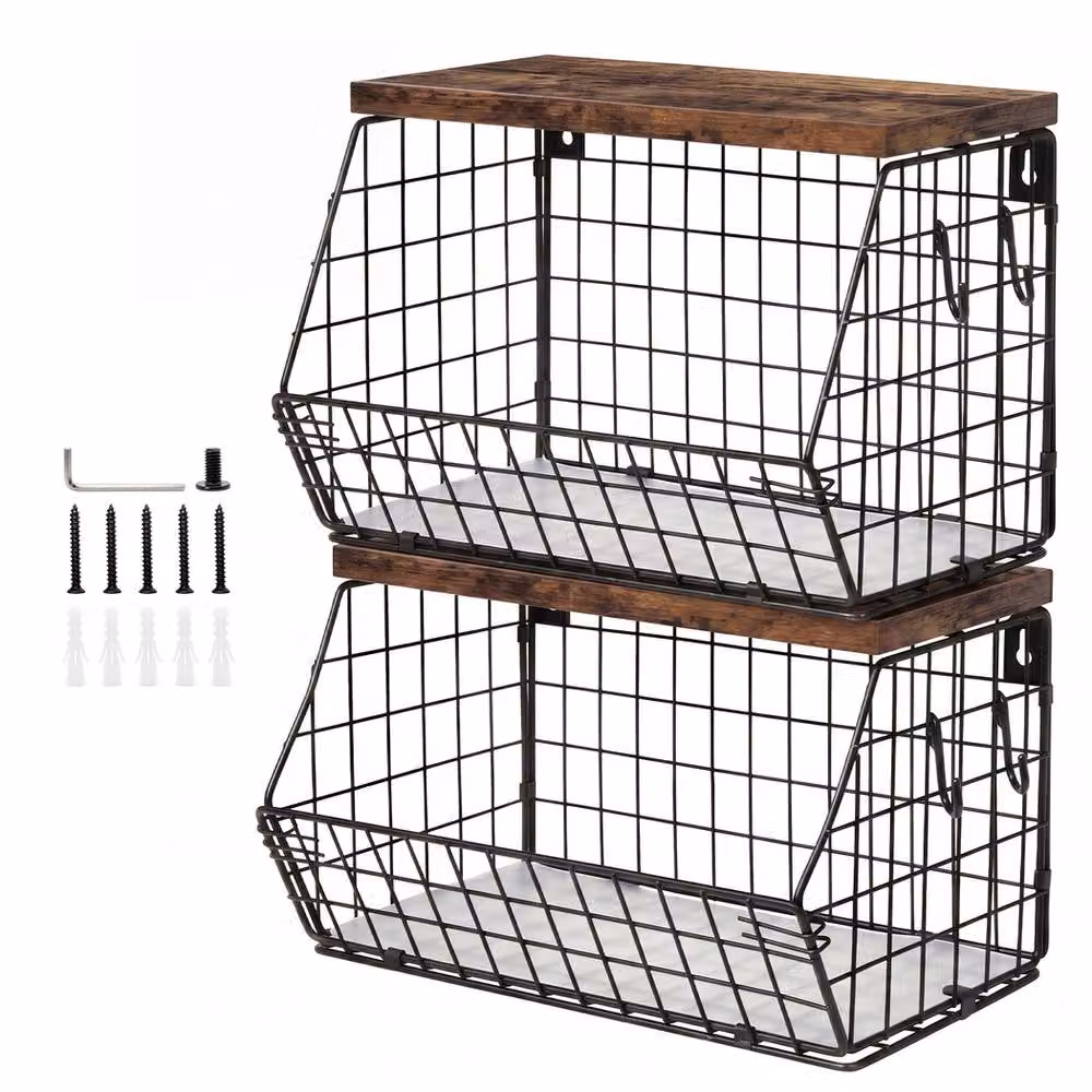 Toque Black Stackable Wire Fruit Basket with Wood Top and Wall Mount – 2