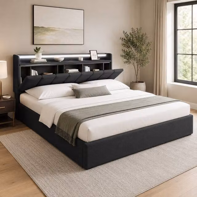 STILVORA Grey Fabric King Bed Frame with LED Lighting, USB Charging Ports and Lift-Up Storage Base – 1