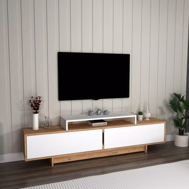Destina Home Modern TV Stand and Entertainment Centre with Storage Cabinets in Atlantic Pine and White