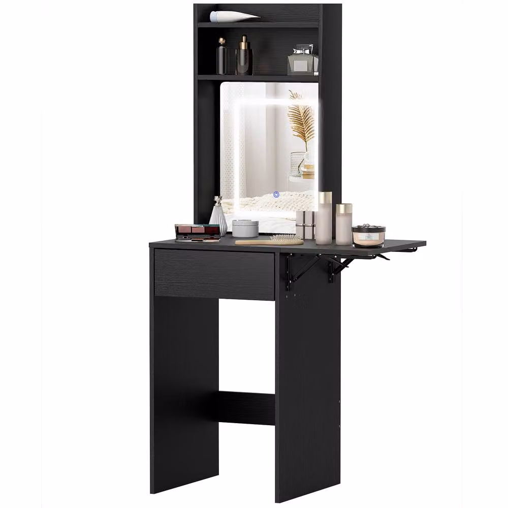 STILVORA Modern Black Dressing Table with LED Mirror, Drop Leaf and Drawer – 3