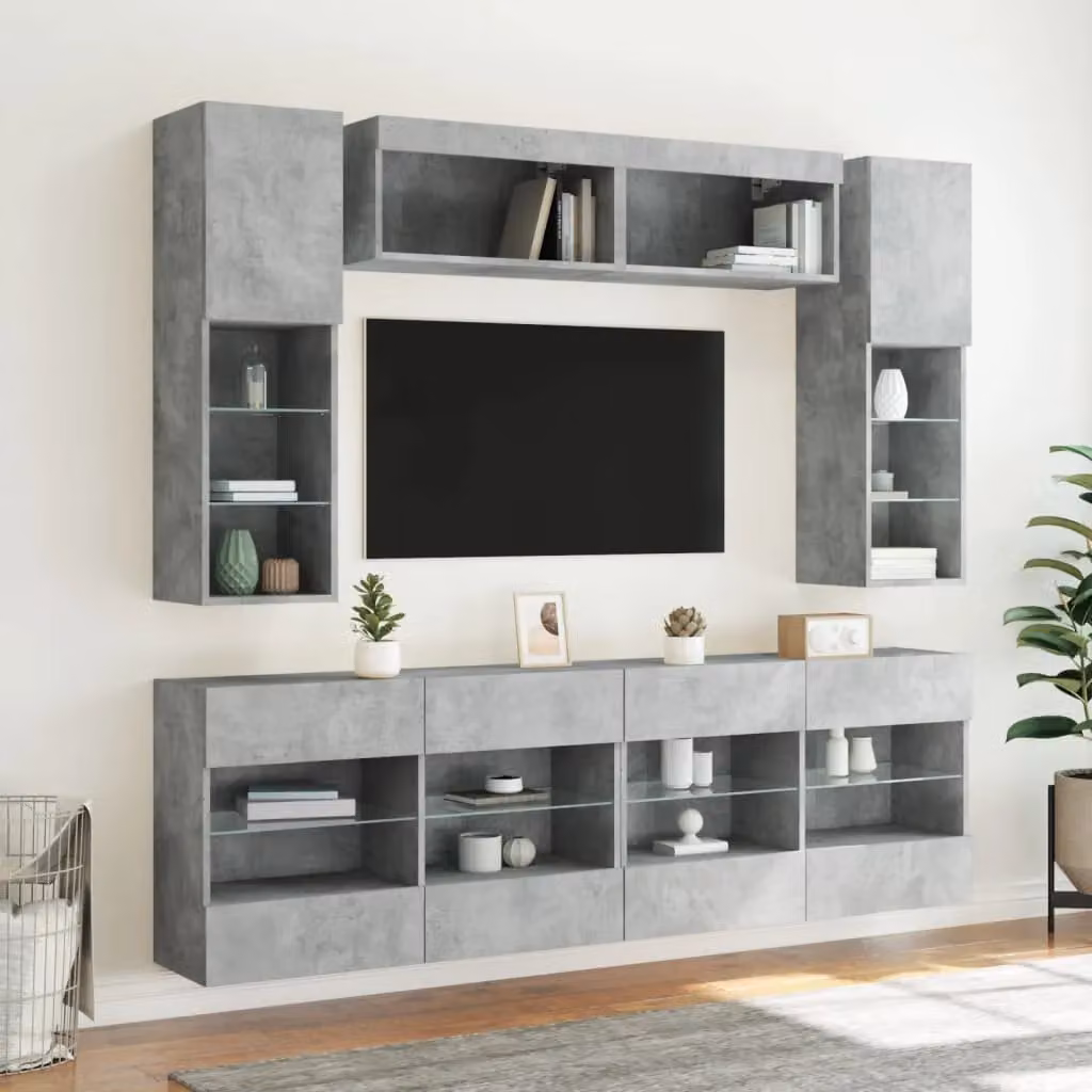 Berkfield Home 6 Piece Modern TV Wall Cabinet and Lowboard Set with Integrated LED Lighting in Matt Concrete Grey – 3