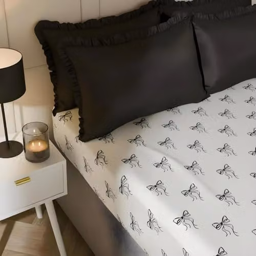 OHS Bow Print Microfibre King Size Fitted Bed Sheet, Monochrome White and Black, W: 150 cm, L: 200 cm, Depth: 25 cm – 2