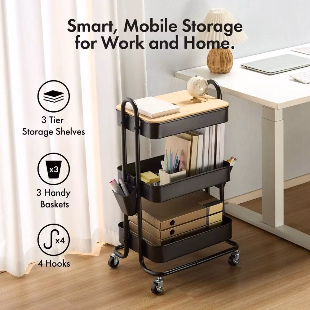 NESTLUNE Black 3 Tier Bathroom Storage Trolley with Wheels, W/D/H: 100 x 15 x 15 cm – 3