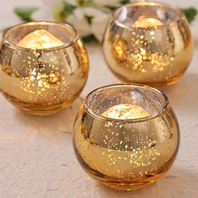 PAWNORA 6-Piece Gold Glass and Metal Abstract Round Tea Light Holders