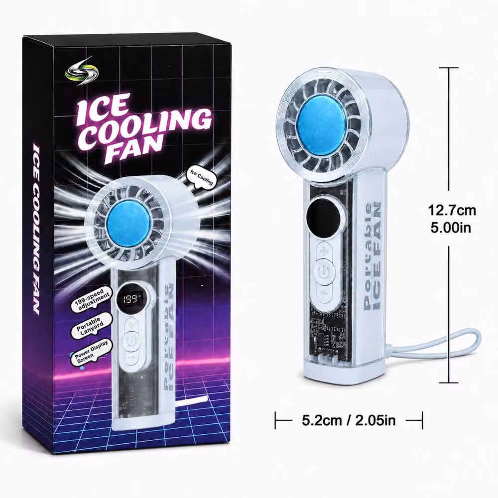 Dyzi Portable Ice Cooling Handheld Fan with 199 Speeds, USB Rechargeable, Blue – 2