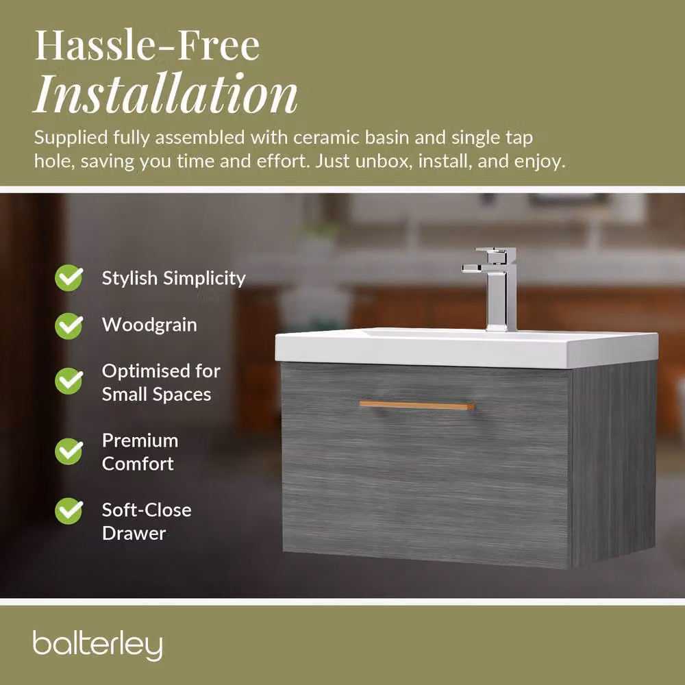 Balterley 600mm Wall Hung 1 Drawer Vanity in Woodgrain Anthracite Grey with Copper Handle – 5