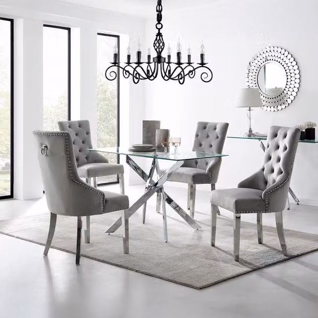 FurnitureboxUK Leonardo 4 Modern Rectangular Glass Dining Table and 4 Belgravia Chairs in Grey