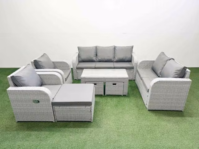 Fimous PE Rattan Garden Furniture Set in Light Grey with 2 Seater Sofa, Coffee Table and 3 Stools