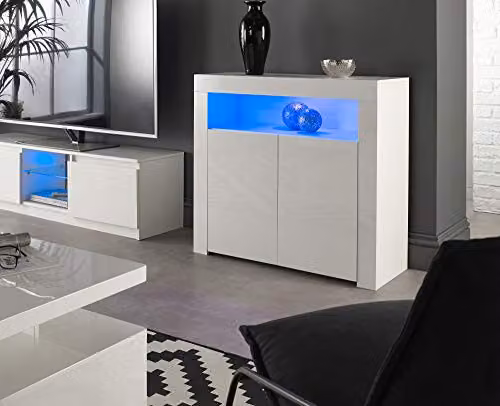 MMT Furniture Designs Ltd White High Gloss 2 Door Sideboard with Integrated LED Lighting, W/D/H: 90 x 35 x 83 cm – 3