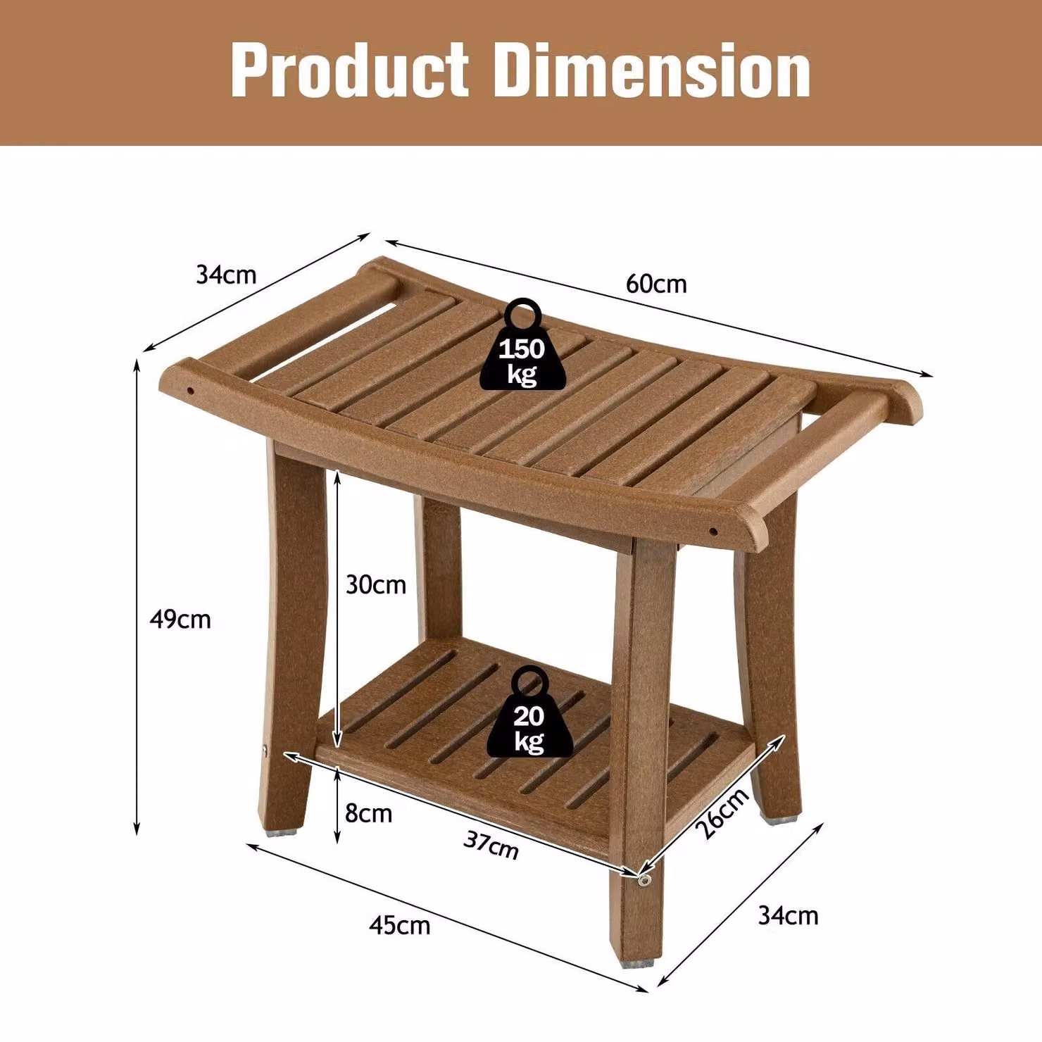 Costway Corner Shower Bench Stool with 2-Tier Storage Shelf in Brown – 2