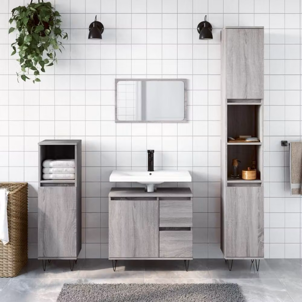 Berkfield Home Modern 3 Piece Grey Bathroom Furniture Set including Tall Cabinet, Side Cabinet and Vanity Unit – 2