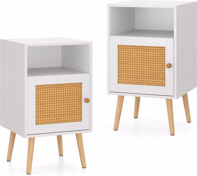 Costway Set of 2 White Rattan Bedside Tables with PE Rattan Decorated Doors – 1