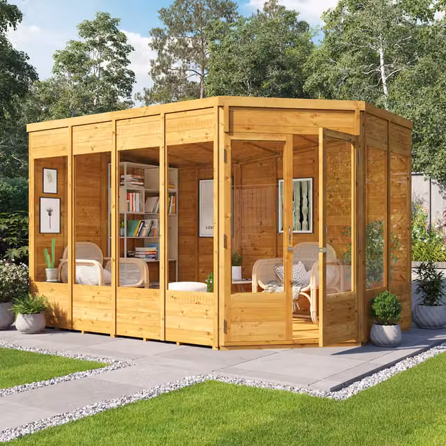 BillyOh Renna Tongue and Groove Corner Summerhouse in Brown with Pent Roof and Wood Panels