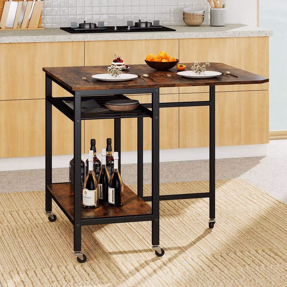 Gymax Expandable Industrial Dining Table with Wine Rack and Castors in Brown – 5