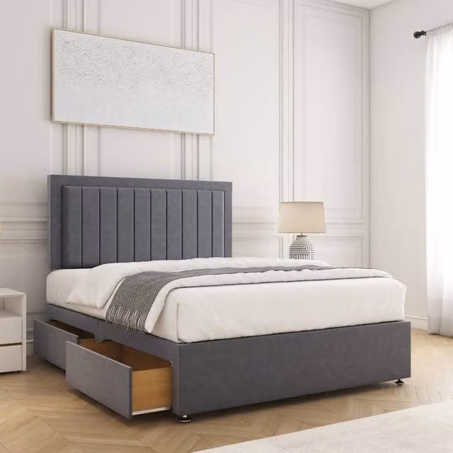 BSSPOKE Zarah Small Double Divan Bed with 24 inch Headboard, 2 Drawers and Mattress in Charcoal Grey Plush Velvet