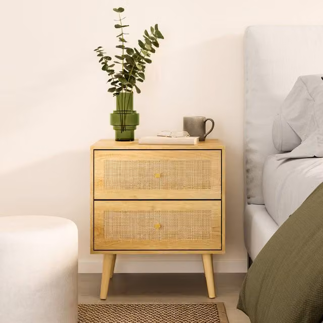 VonHaus Brown Rattan 2 Drawer Bedside Table with Gold Handles, W/D/H: 40 x 40 x 57 cm – 1