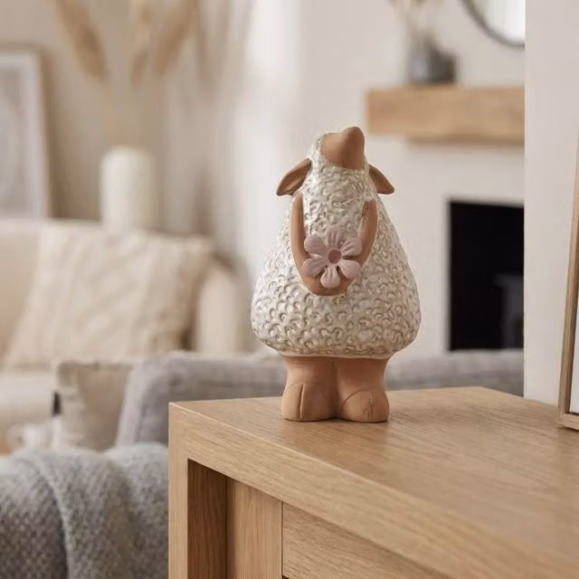 Garden Greatness Ceramic Standing Sheep with Flower Ornament in Beige and Pink