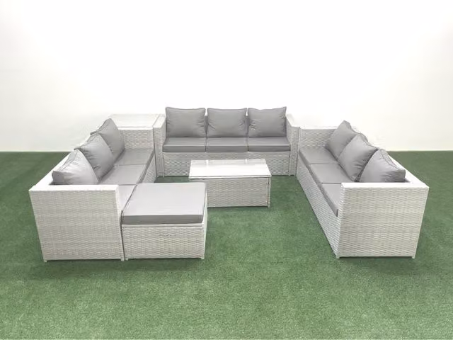 Fimous 10-Seater Rattan Garden Furniture Set in Light Grey with Tempered Glass Table and Dark Grey Upholstered Cushions