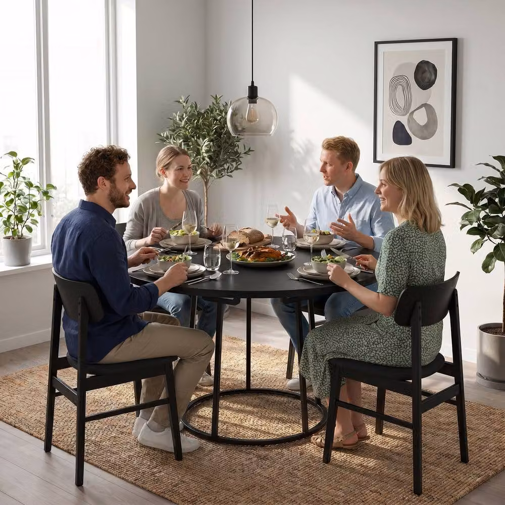 STILVORA Round Dining Table with Black Metal Base, Diameter: 120 cm – 9