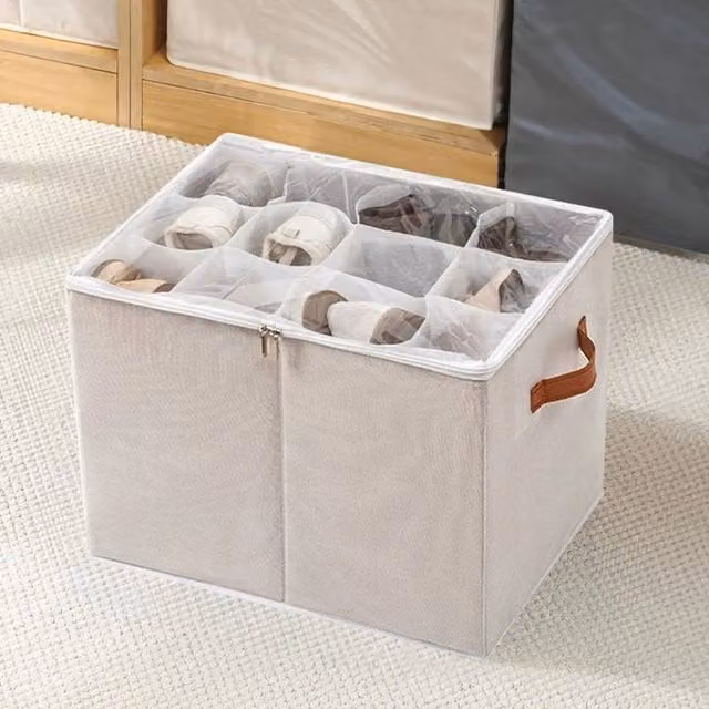 EONLION Set of 2 Foldable Fabric Shoe Storage Boxes in Beige, W: 50 cm