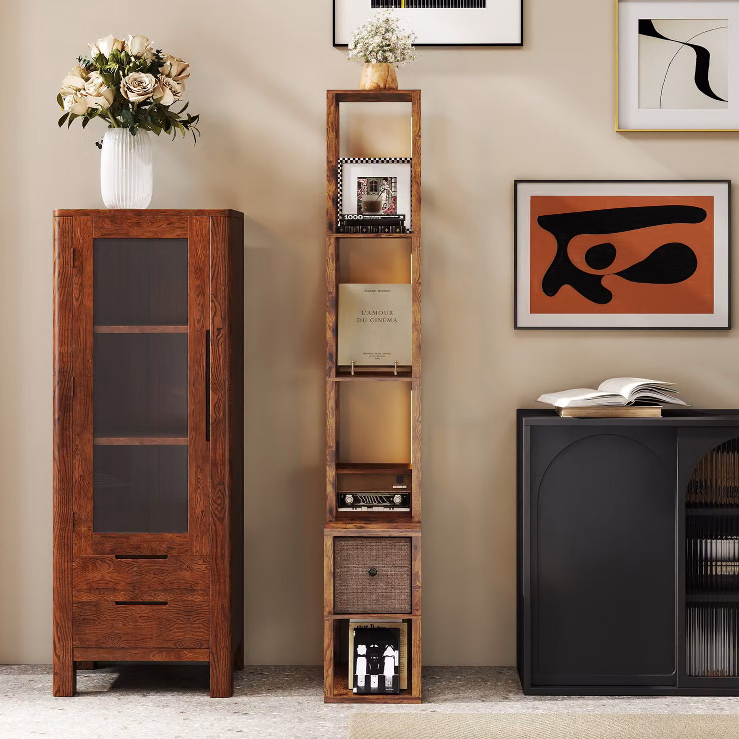 HOMCOM Modern LED Floor Lamp with Shelves and Fabric Drawer, Dimmable Column Standing Lamp in Rustic Brown, H 169 x W 26.5 x D 26.5 cm – 5