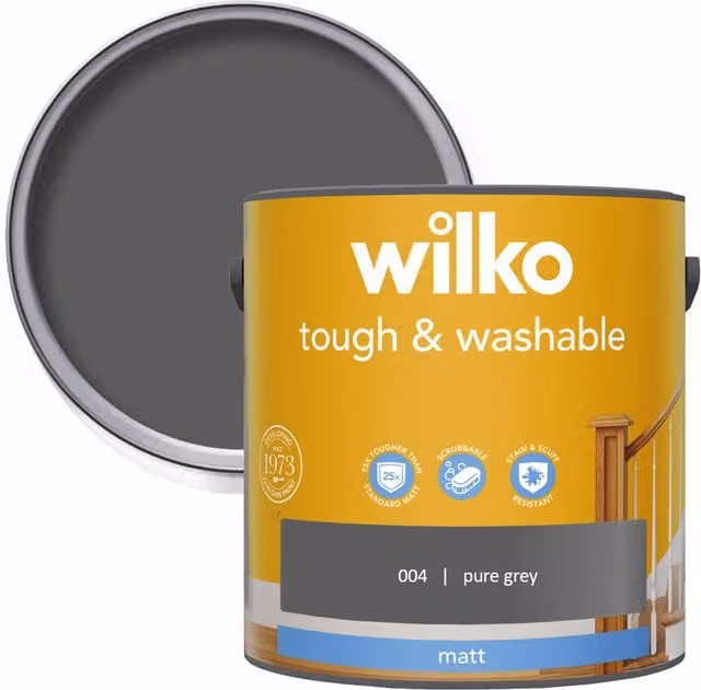 wilko Tough and Washable Matt Emulsion Paint, Grey, 2.5 l