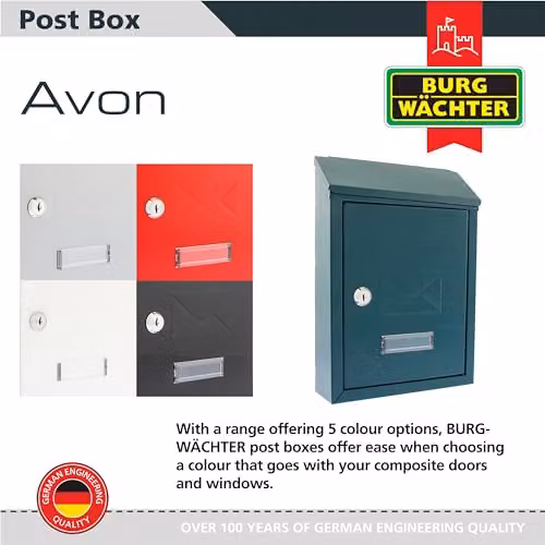 Burg-Wächter Avon Rear Entry Wall Mounted Galvanised Steel Lockable Weatherproof Post Box, Green, W: 21 cm, D: 30 cm, H: 7 cm – 5