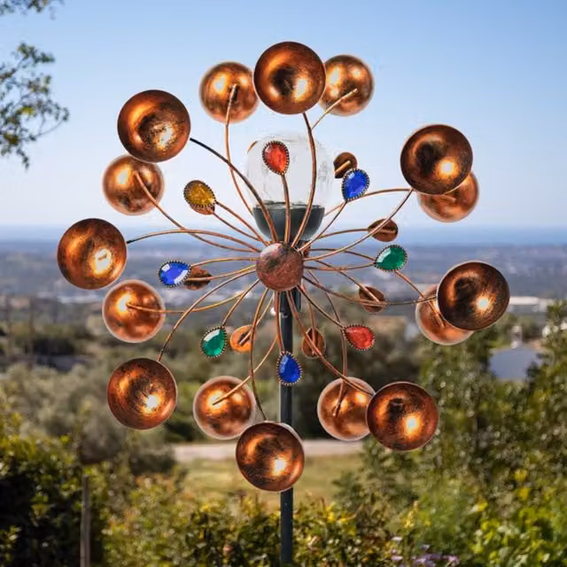 Primrose Burnham Gemstoned Wind Spinner with Solar Crackle Globe in Bronze, Yellow, Red, Green, Blue and Brown