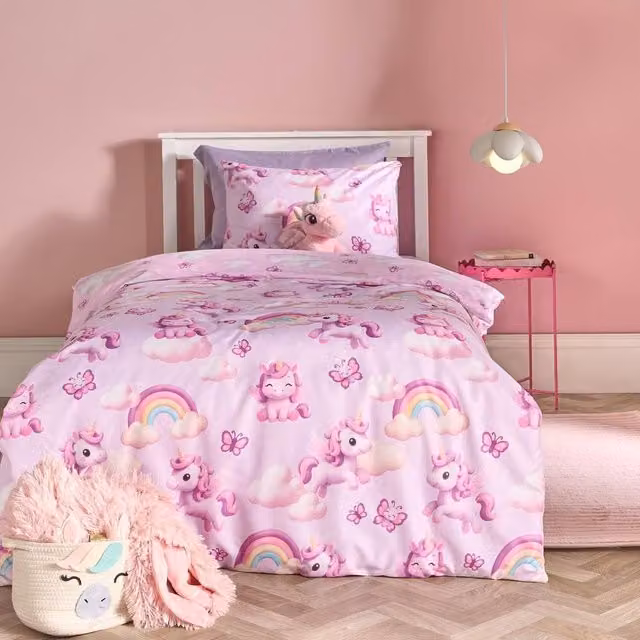 OHS Kids Unicorn Microfibre Bedding Set with Duvet Cover and Pillowcase in Purple, Junior Size (70 x 160 cm)