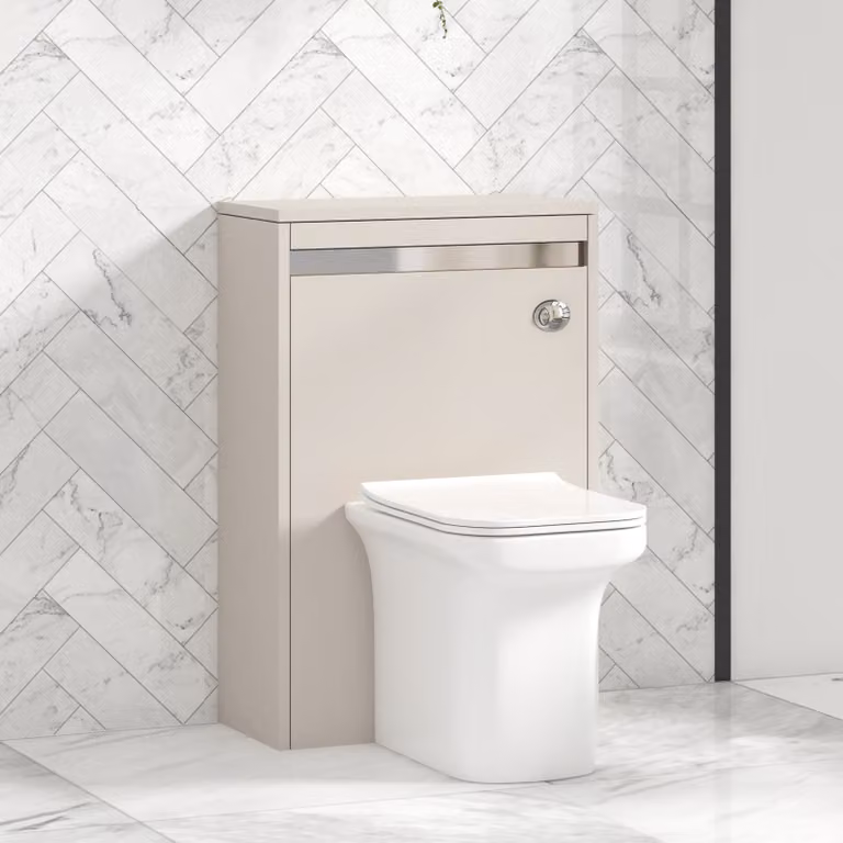 Royal Bathrooms Orion Warm Taupe Wall Mounted BTW WC Unit with Crosby Rimless Ceramic Toilet Pan, Seat and Cistern, Width: 54 cm