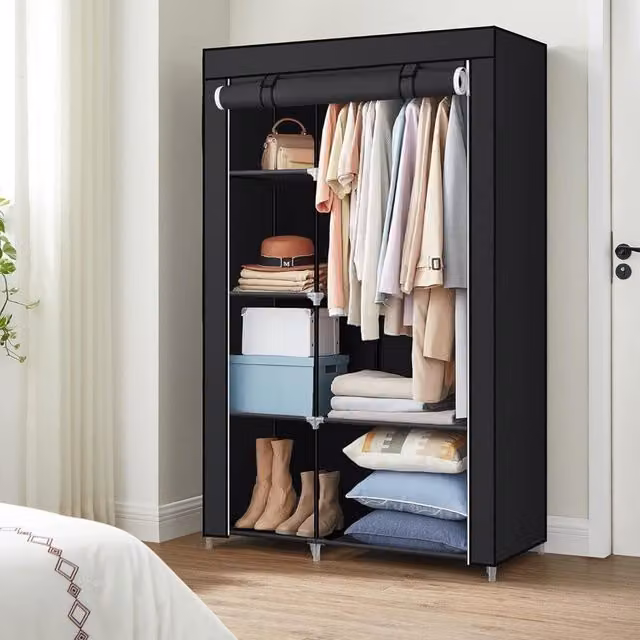 The Bazaarist Fabric Closet with Shelves and Hanging Rail, Black, W/D/H: 105 x 45 x 168 cm