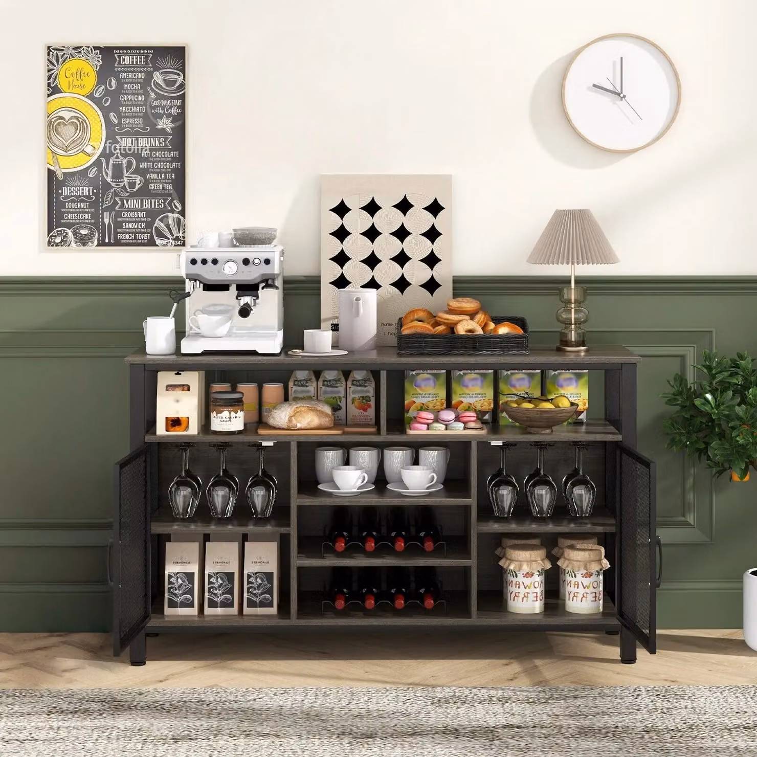 Costway Industrial Wine Bar Cabinet Grey Buffet Sideboard with 8-Bottle Wine Racks, W: 140 cm, H: 84 cm – 4