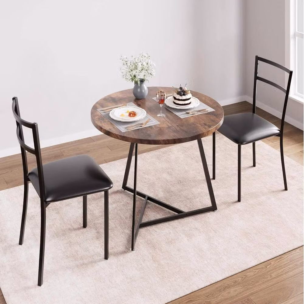 VOGREX Modern Round Dining Table and 3 Chairs Set in Brown Matt Wood Finish – 3