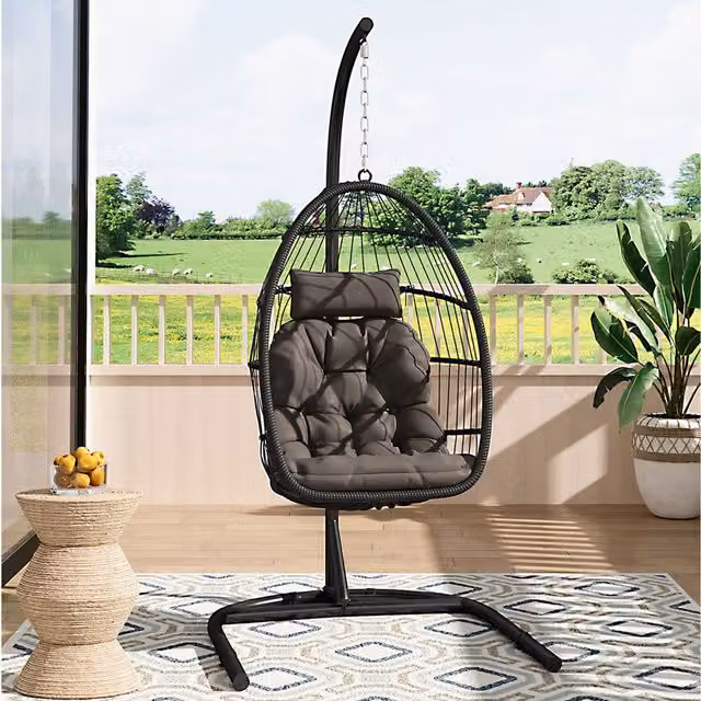 Livingandhome Modern Black Rattan Garden Hanging Egg Chair with Cushion