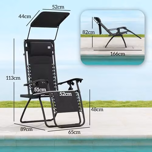 Outsunny Zero Gravity Lounger Chair with Sun Canopy in Black – 3