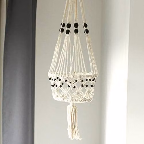 KDMD Large Single Beaded Macrame Pot Holder in White