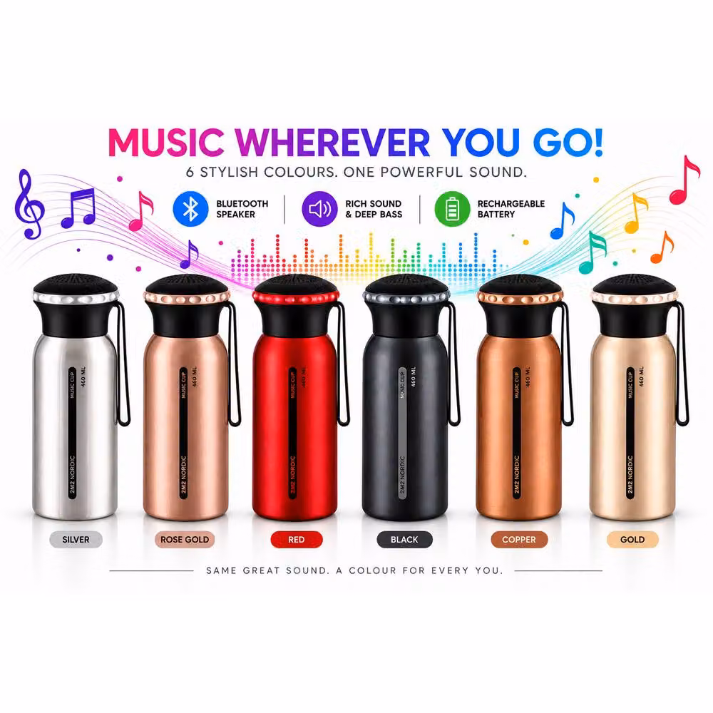 Simpa Stainless Steel Thermos Water Bottle with Bluetooth Speaker, Rose Gold, 460ml – 2