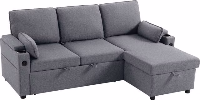 HOMCOM L-Shaped Corner Sofa Bed with Reversible Storage Chaise, USB Charging and Cup Holders, Grey Fabric – 1